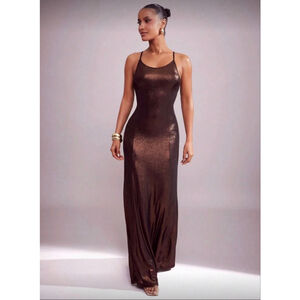 Hute by Shein Brown Shimmer Backless Maxi Dress Large